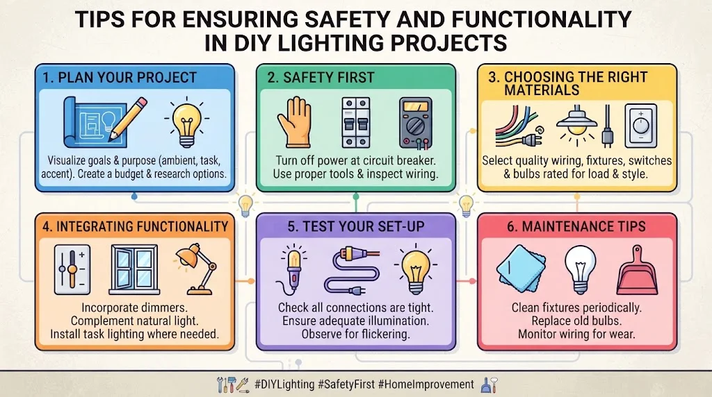 An infographic titled "Tips for Ensuring Safety and Functionality in DIY Lighting Projects" showcasing six key steps: planning, safety first, materials, functionality, testing, and maintenance.
