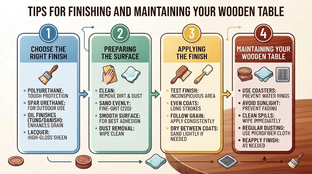 An infographic titled 'Tips for Finishing and Maintaining Your Wooden Table,' featuring four numbered steps for choosing a finish, preparing the surface, applying the finish, and maintaining the table.