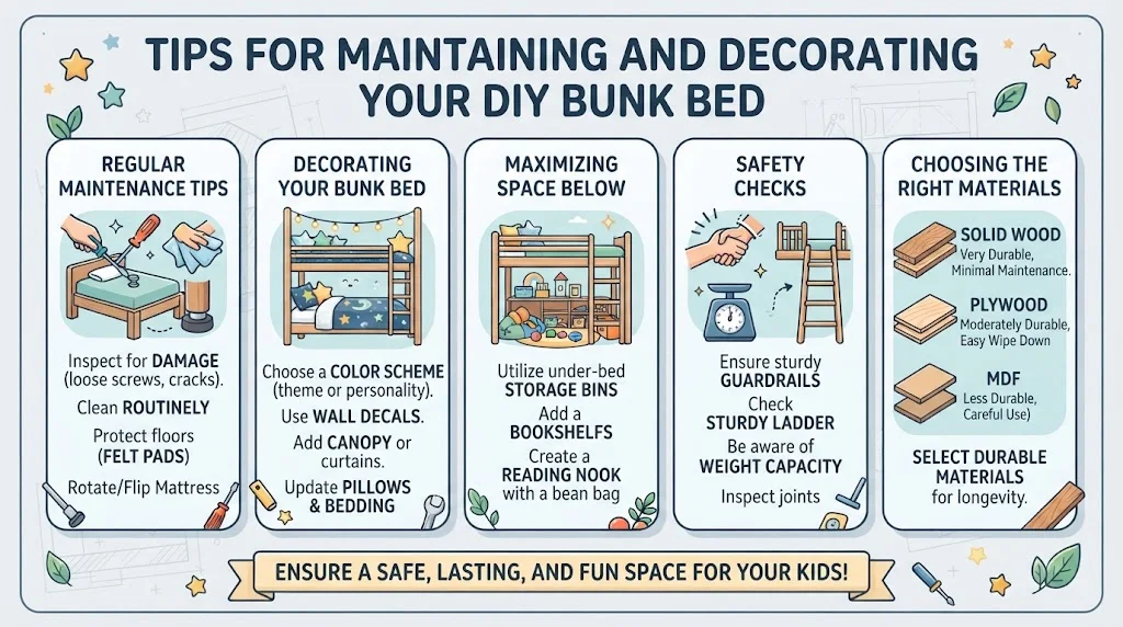 An infographic titled "TIPS FOR MAINTAINING AND DECORATING YOUR DIY BUNK BED," featuring five columns: Regular Maintenance Tips, Decorating Your Bunk Bed, Maximizing Space Below, Safety Checks, and Choosing the Right Materials, complete with illustrative icons and a footer banner reading "ENSURE A SAFE, LASTING, AND FUN SPACE FOR YOUR KIDS!"