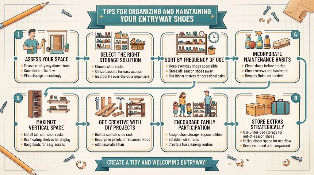 An infographic titled "TIPS FOR ORGANIZING AND MAINTAINING YOUR ENTRYWAY SHOES" featuring eight numbered steps with illustrations and bullet points.