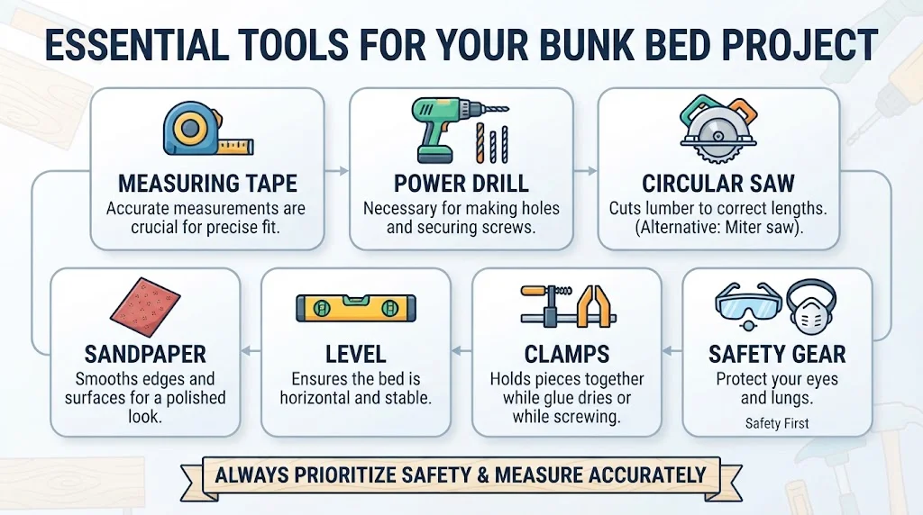 An infographic titled 'ESSENTIAL TOOLS FOR YOUR BUNK BED PROJECT' displaying seven illustrated tool icons with brief descriptions, and a banner at the bottom reading 'ALWAYS PRIORITIZE SAFETY & MEASURE ACCURATELY'.
