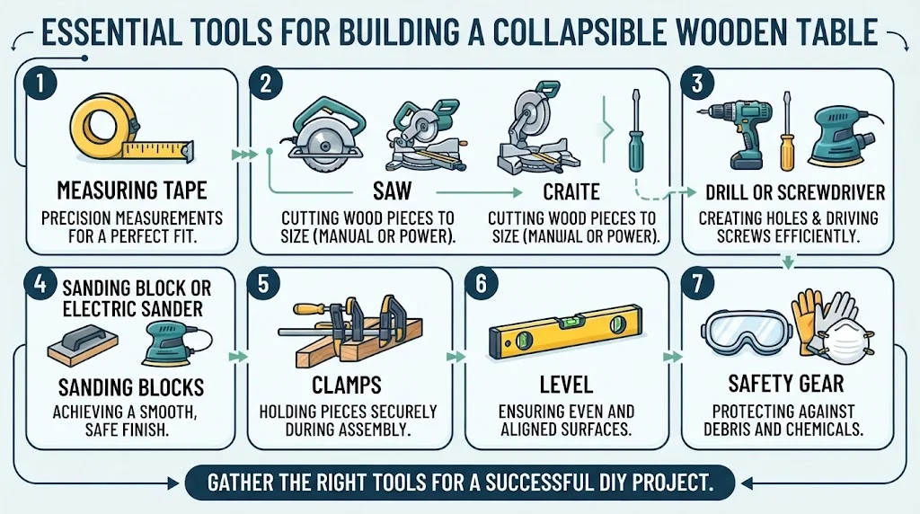 An infographic titled 'Essential Tools for Building a Collapsible Wooden Table,' displaying seven illustrated panels with icons and descriptions for a measuring tape, saw, drill or screwdriver, sanding block, clamps, level, and safety gear.