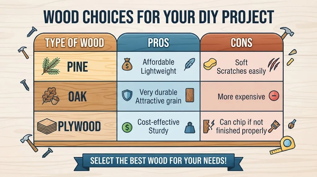 An infographic titled "WOOD CHOICES FOR YOUR DIY PROJECT" comparing the pros and cons of Pine, Oak, and Plywood with icons.