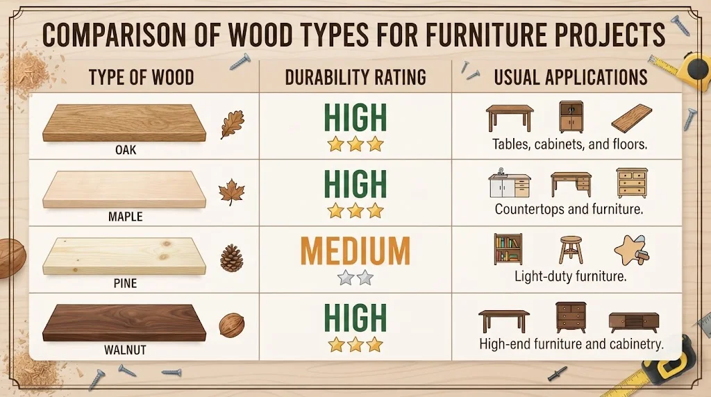 An infographic comparing wood types for furniture projects, displaying durability ratings and usual applications for oak, maple, pine, and walnut in a table format.