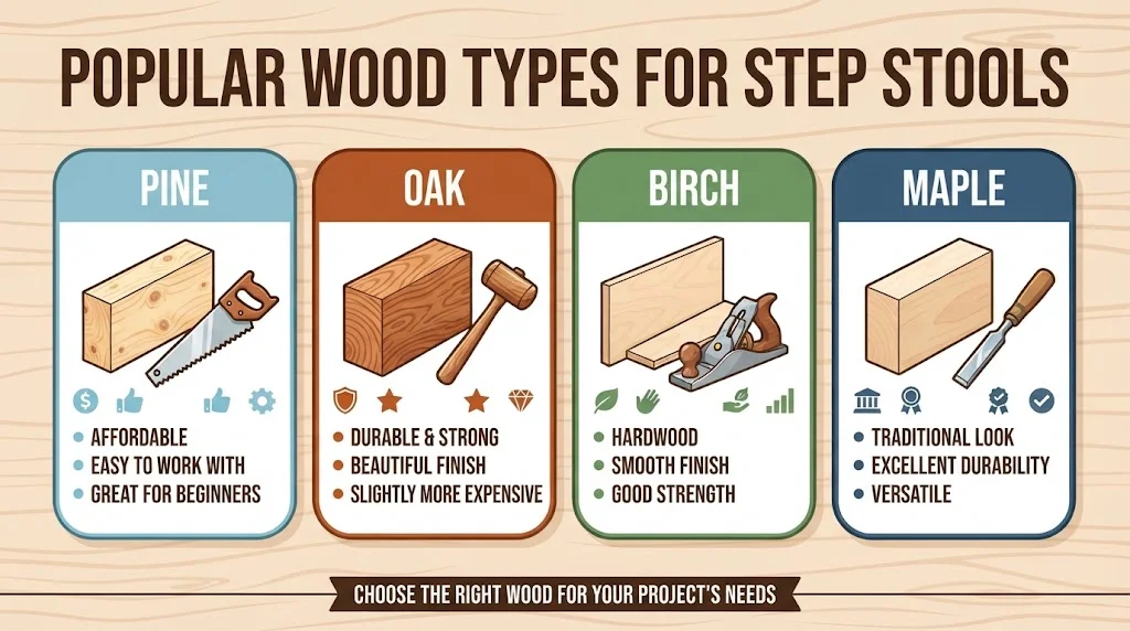 An infographic titled 'POPULAR WOOD TYPES FOR STEP STOOLS' comparing Pine, Oak, Birch, and Maple wood, listing their properties and showing illustrations of each wood block with a corresponding tool. A footer banner reads 'CHOOSE THE RIGHT WOOD FOR YOUR PROJECT'S NEEDS'.