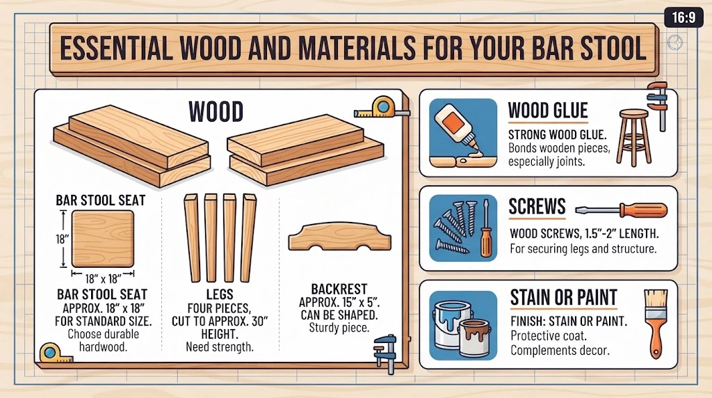 Infographic showing essential wood and materials needed for a DIY bar stool project, including wood pieces for the seat, legs, and backrest, as well as wood glue, screws, and stain or paint.