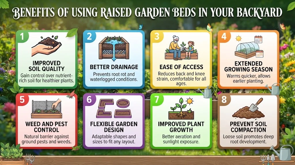 Infographic showing eight benefits of raised garden beds: soil quality, drainage, access, extended season, pest control, design flexibility, plant growth, and soil compaction.