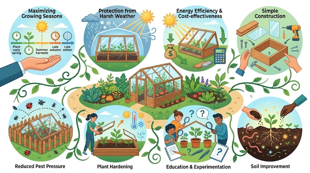An infographic outlining eight benefits of using a cold frame greenhouse, including season extension, weather protection, energy efficiency, and pest reduction.