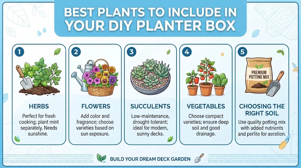 Infographic showcasing the best plants to include in a DIY planter box, covering herbs, flowers, succulents, vegetables, and choosing the right soil.