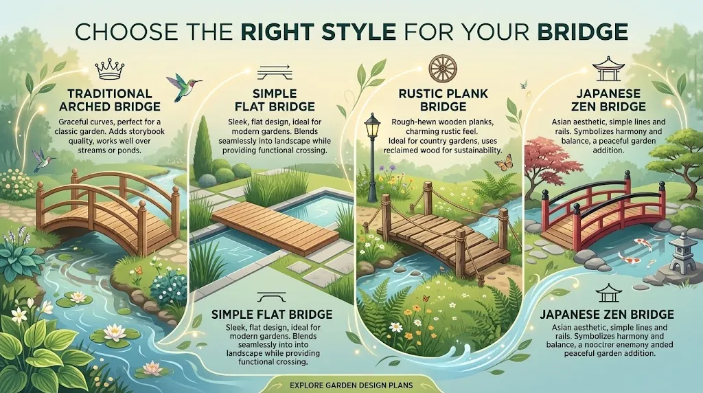 An infographic showing four garden bridge styles: traditional arched, simple flat, rustic plank, and Japanese Zen bridge.