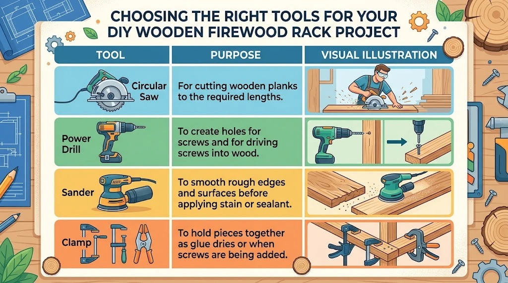 "Choosing the Right Tools for Your DIY Wooden Firewood Rack Project," listing a circular saw, power drill, sander, and clamp alongside their purposes and visual illustrations.