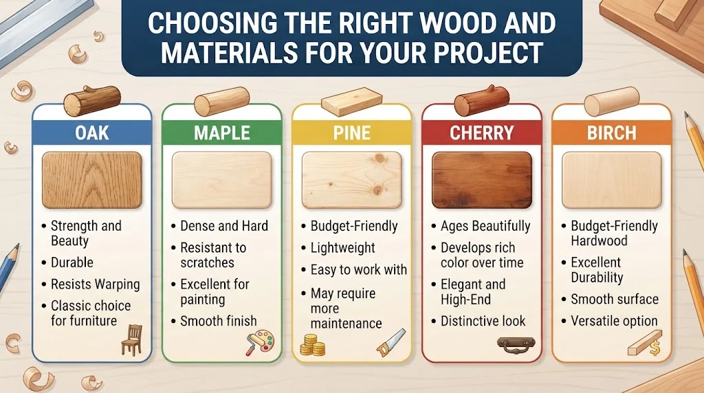 An infographic titled "CHOOSING THE RIGHT WOOD AND MATERIALS FOR YOUR PROJECT" comparing five types of wood—Oak, Maple, Pine, Cherry, and Birch—with descriptions of their properties and best uses.