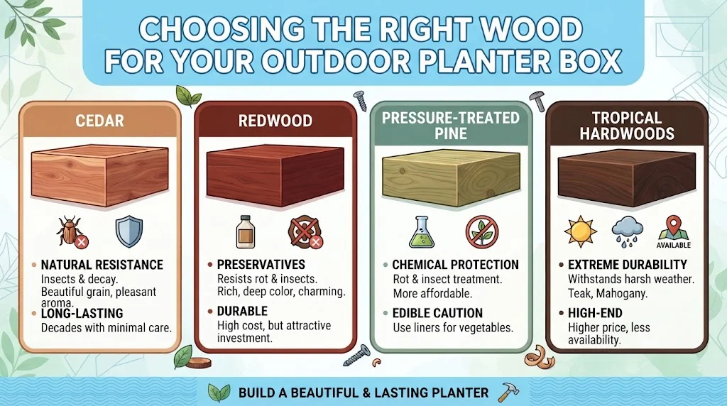 Infographic comparing wood types for outdoor planter boxes, including cedar, redwood, pressure-treated pine, and tropical hardwoods.