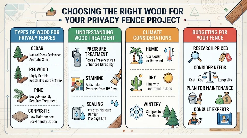 An infographic titled 'CHOOSING THE RIGHT WOOD FOR YOUR PRIVACY FENCE PROJECT' organized into four columns: Types of Wood for Privacy Fences, Understanding Wood Treatment, Climate Considerations, and Budgeting for Your Fence, each with descriptive text and illustrations