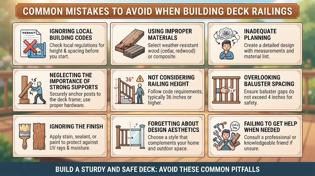 An infographic titled "Common Mistakes to Avoid When Building Deck Railings," featuring nine illustrated panels with tips on code compliance, material selection, planning, structural support, height, spacing, finishing, aesthetics, and seeking professional help.