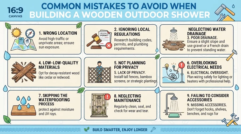 Infographic highlighting common mistakes to avoid when building a wooden outdoor shower, such as poor location, ignoring regulations, bad drainage, low-quality materials, and skipping waterproofing.