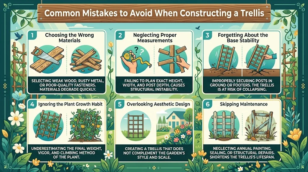 An infographic titled "Common Mistakes to Avoid When Constructing a Trellis" featuring six numbered panels highlighting DIY pitfalls such as improper materials, incorrect measurements, and poor base stability.