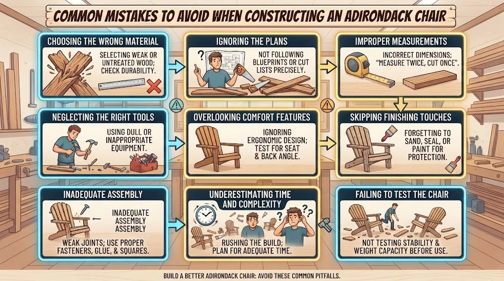 An illustrated infographic titled "Common Mistakes to Avoid When Constructing an Adirondack Chair" with nine panels showing specific errors like "Wrong Material" and "Skipping Finishing Touches," set against a woodworking shop background.