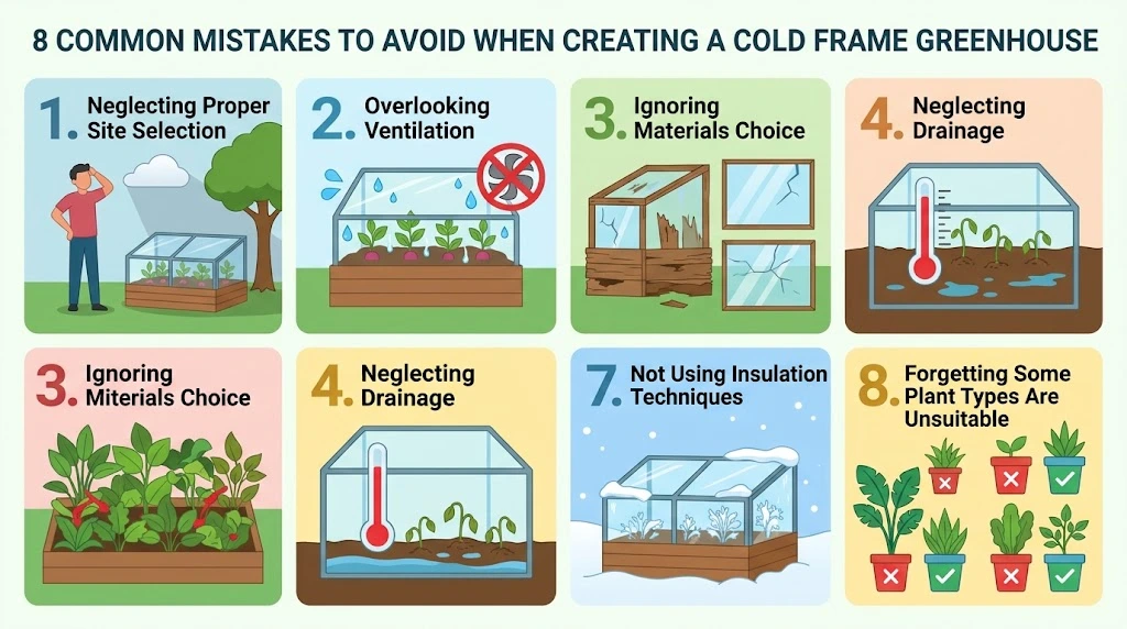 An infographic displaying eight common mistakes to avoid when creating a cold frame greenhouse, such as poor location selection, lack of ventilation, and improper insulation.