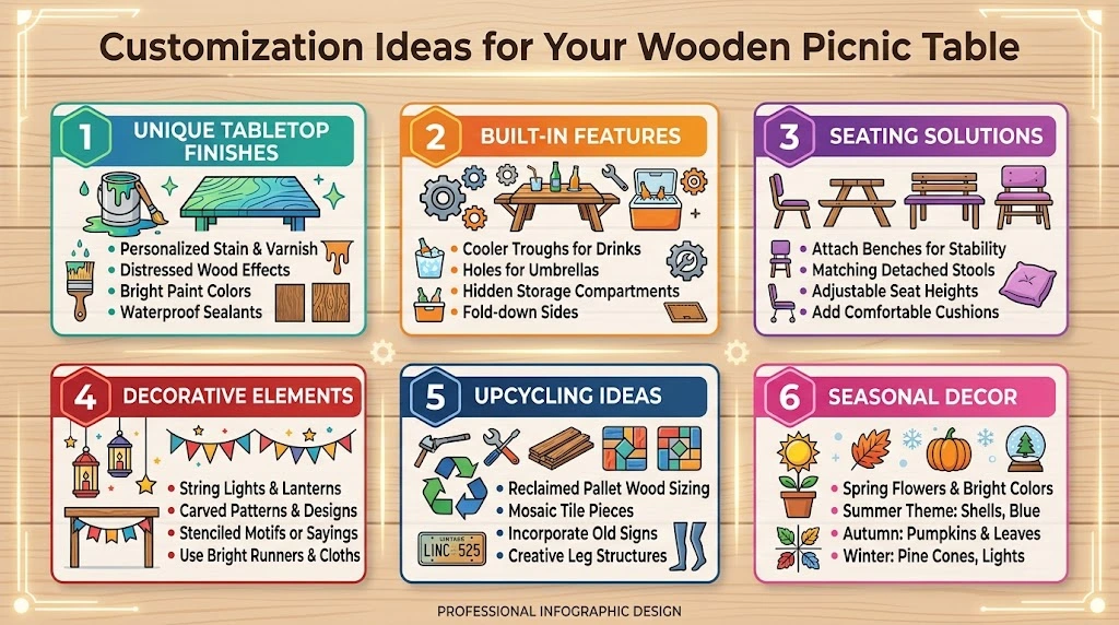 An infographic outlining six creative customization ideas for a wooden picnic table, covering finishes, built-in features, seating, decor, upcycling, and seasonal styling.
