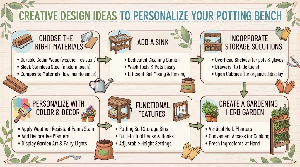 A seven-step horizontal infographic titled "STEP-BY-STEP GUIDE TO ASSEMBLING YOUR POTTING BENCH". Each step is numbered and features a distinct icon and brief description
