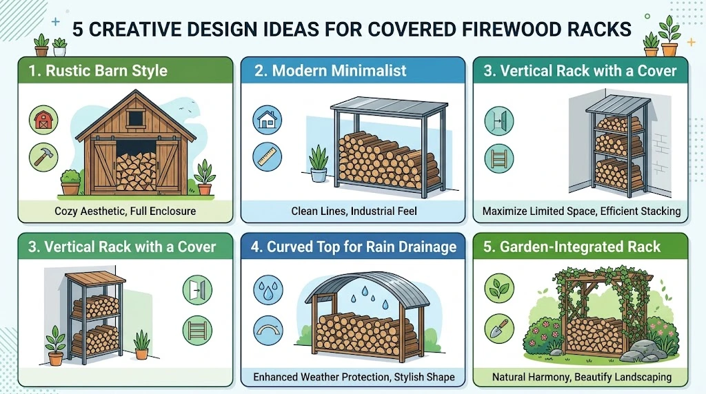 Infographic showing 5 creative design ideas for covered firewood racks, including rustic barn, modern minimalist, vertical, curved top, and garden-integrated styles.