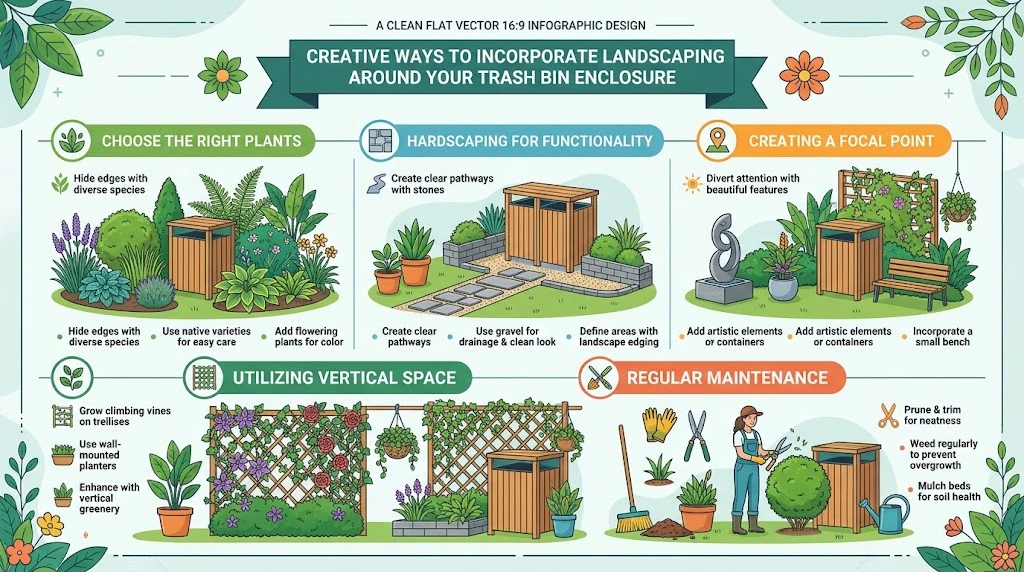 Infographic displaying creative ways to incorporate landscaping around a trash bin enclosure, featuring plant selection, hardscaping, focal points, vertical space, and regular maintenance.