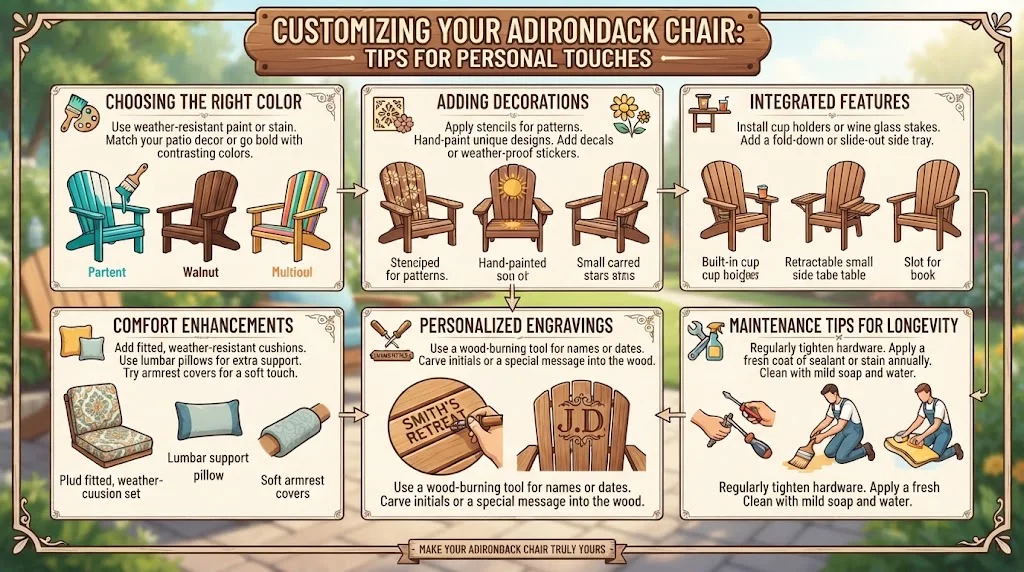 An illustrated infographic titled "Customizing Your Adirondack Chair" with six panels detailing personal touches: Color, Decorations, Integrated Features, Comfort, Engravings, and Maintenance.