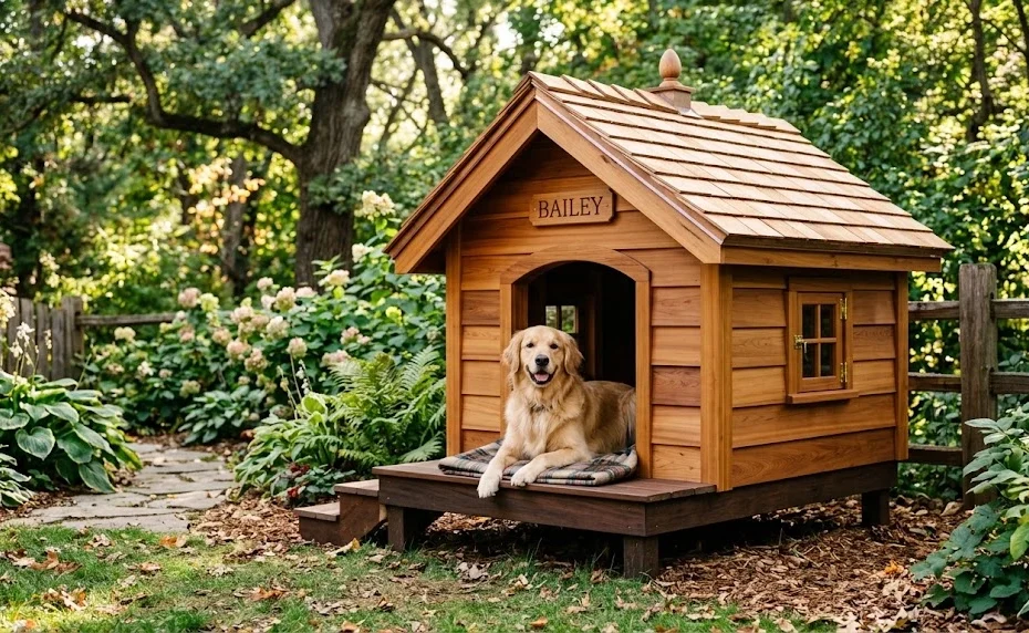 A Golden Retriever named Bailey lying comfortably on a blanket in the doorway of a custom wooden dog house with a shingled roof, set in a lush garden.