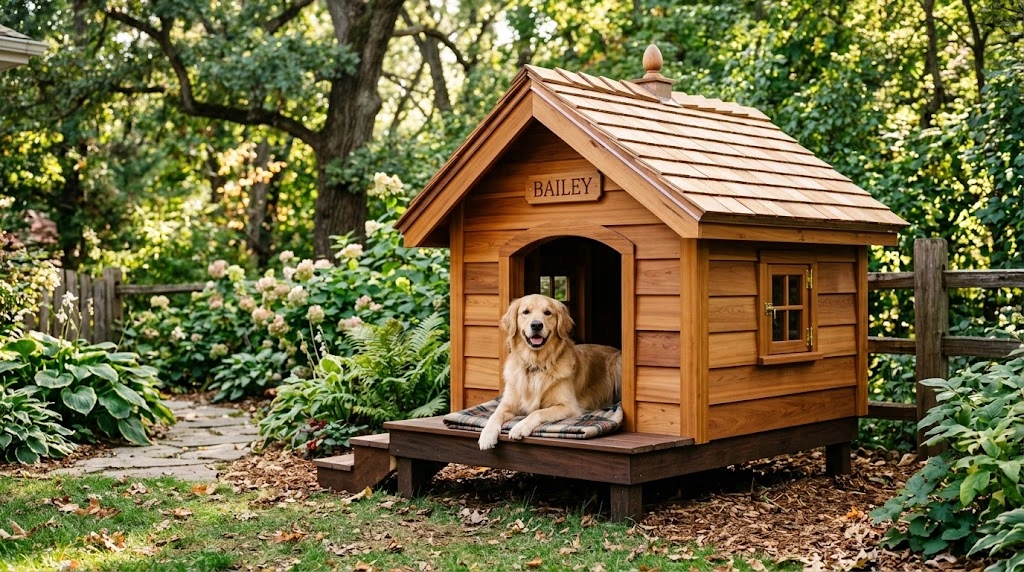 A Golden Retriever named Bailey lying comfortably on a blanket in the doorway of a custom wooden dog house with a shingled roof, set in a lush garden.