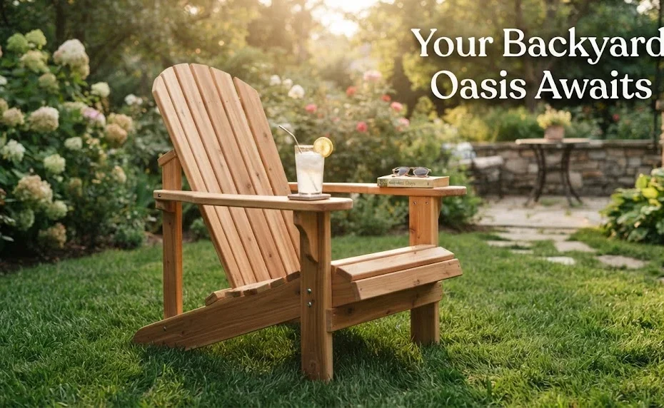 A warm, sunlit natural wood Adirondack chair sitting on a green lawn with a cold drink on the armrest and the text overlay "Your Backyard Oasis Awaits".