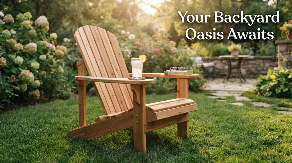 A warm, sunlit natural wood Adirondack chair sitting on a green lawn with a cold drink on the armrest and the text overlay "Your Backyard Oasis Awaits".