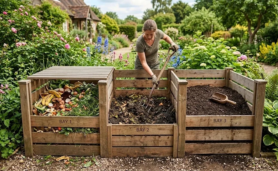 Three-bay wooden compost bin in a garden showing green waste, breaking down compost, and rich finished soil.