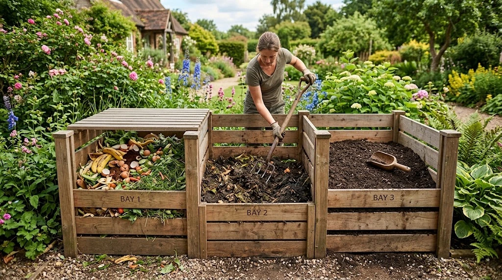 Three-bay wooden compost bin in a garden showing green waste, breaking down compost, and rich finished soil.