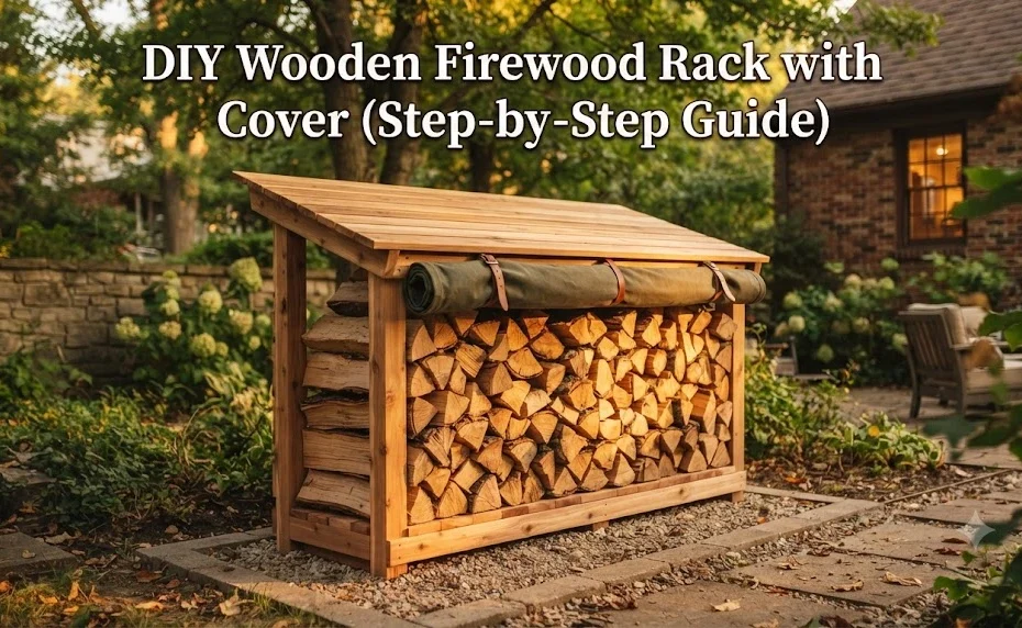DIY wooden firewood rack with a sloping roof and a rolled-up cover, filled with stacked firewood in a backyard.