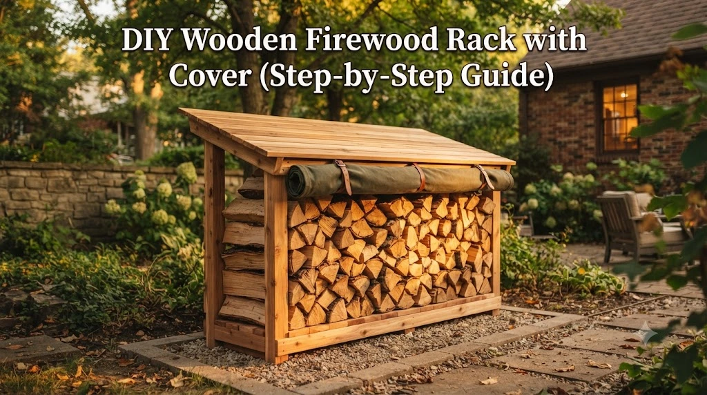 DIY wooden firewood rack with a sloping roof and a rolled-up cover, filled with stacked firewood in a backyard.