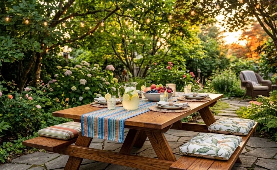 A beautifully stained wooden picnic table set outdoors in a lush backyard during golden hour, styled with a table runner, a pitcher of lemonade, fresh fruit, comfortable bench cushions, and overhead string lights.