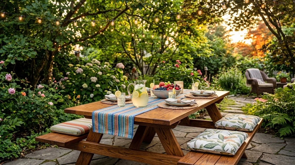 A beautifully stained wooden picnic table set outdoors in a lush backyard during golden hour, styled with a table runner, a pitcher of lemonade, fresh fruit, comfortable bench cushions, and overhead string lights.