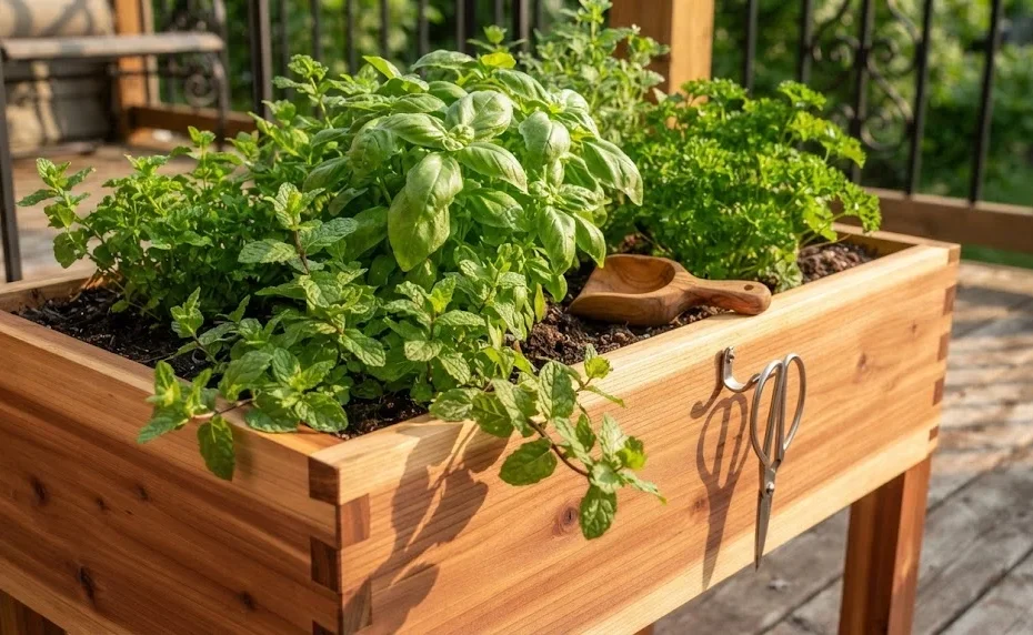A sunlit cedar wood planter box sits on a wooden deck, overflowing with fresh green basil, trailing mint, and parsley.