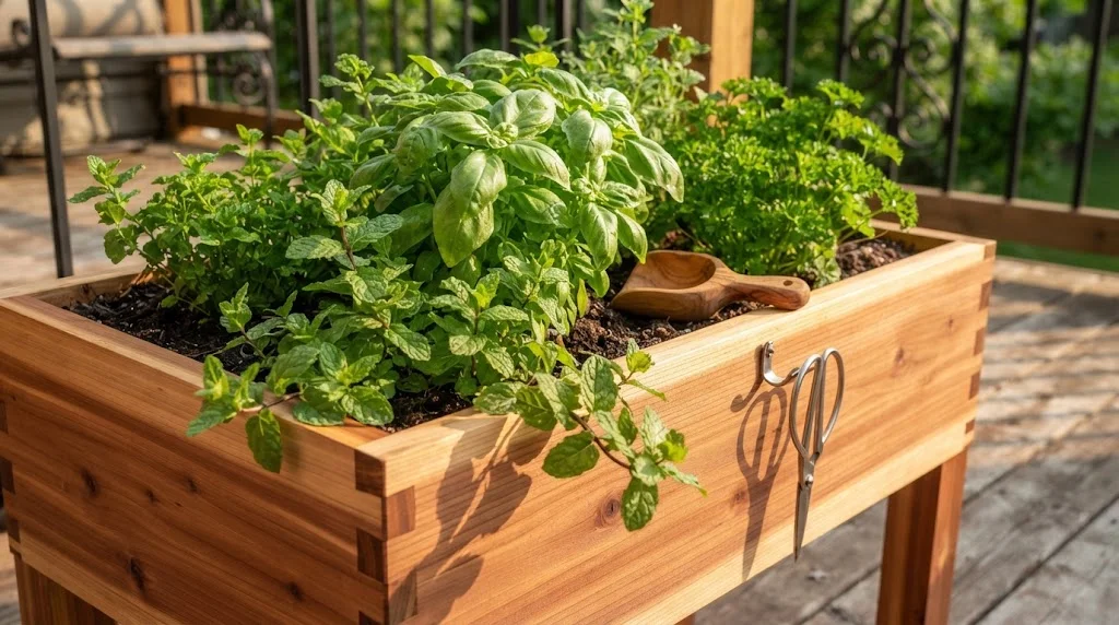 A sunlit cedar wood planter box sits on a wooden deck, overflowing with fresh green basil, trailing mint, and parsley.
