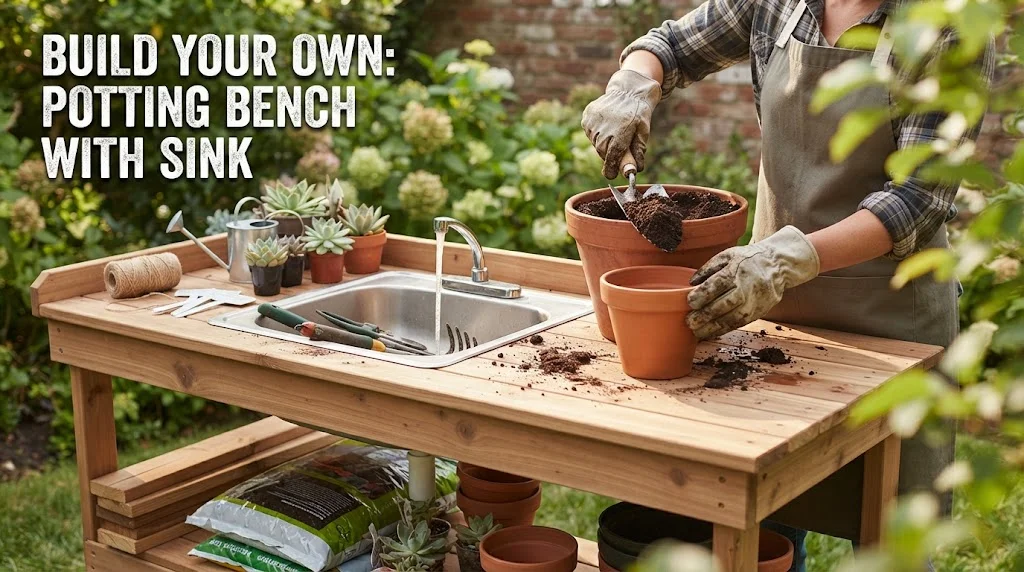 A gardener in gloves and an apron uses a trowel to fill a terracotta pot with soil on a wooden potting bench with an integrated stainless steel sink, which has water running from the faucet. Text overlay reads: "BUILD YOUR OWN: POTTING BENCH WITH SINK."