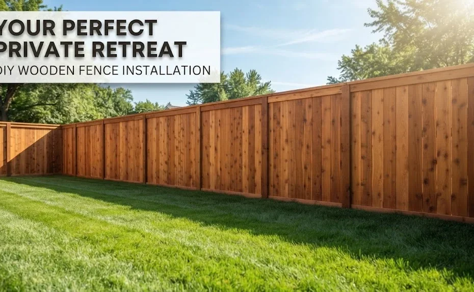 A bright sunlit backyard with a newly installed cedar privacy fence, lush green grass, and a text overlay reading "YOUR PERFECT PRIVATE RETREAT".