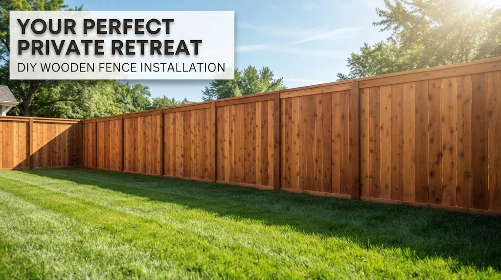 A bright sunlit backyard with a newly installed cedar privacy fence, lush green grass, and a text overlay reading "YOUR PERFECT PRIVATE RETREAT".