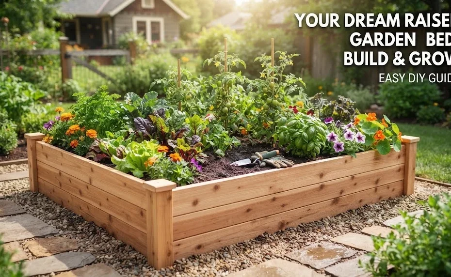 Wooden raised garden bed filled with rich soil, vibrant green vegetables, and colorful flowers.