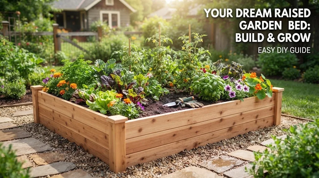 Wooden raised garden bed filled with rich soil, vibrant green vegetables, and colorful flowers.