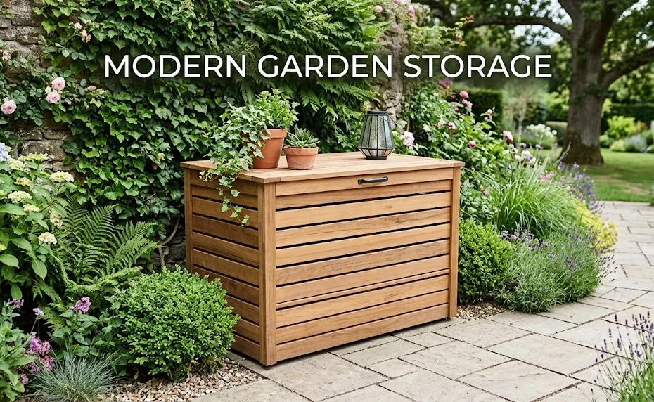 Modern slatted wooden trash bin enclosure on a patio surrounded by garden plants with "MODERN GARDEN STORAGE" text overlay.
