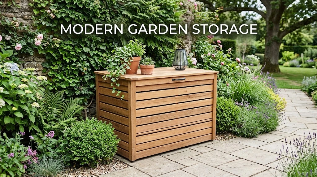 Modern slatted wooden trash bin enclosure on a patio surrounded by garden plants with "MODERN GARDEN STORAGE" text overlay.
