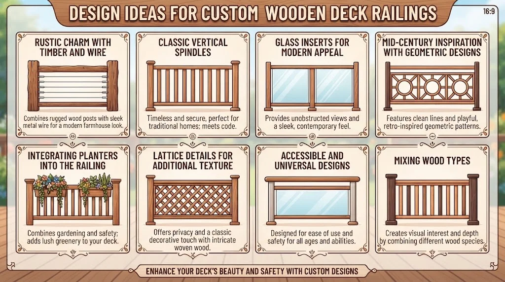 An infographic titled "Design Ideas for Custom Wooden Deck Railings" featuring eight illustrated panels displaying different styles like Timber and Wire, Classic Spindles, Glass Inserts, and Lattice, each with a brief description.