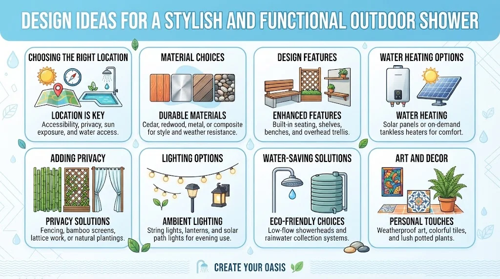 Infographic outlining design ideas for an outdoor shower, including location, materials, features, water heating, privacy, lighting, water-saving solutions, and decor.
