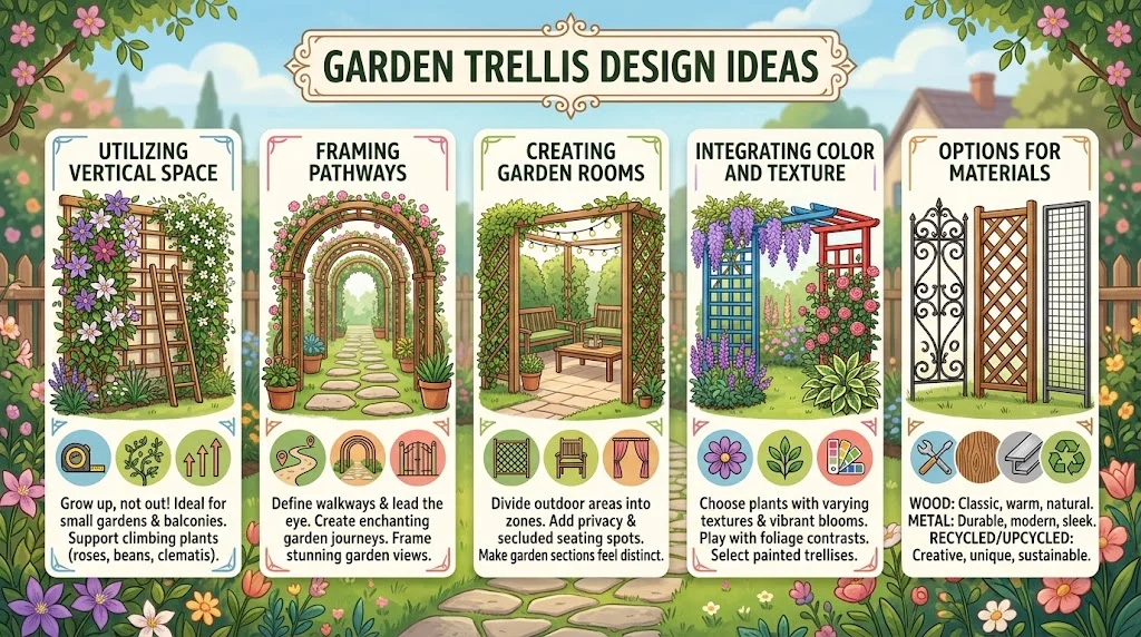 An infographic titled "GARDEN TRELLIS DESIGN IDEAS" featuring five vertical panels that illustrate design concepts: Utilizing Vertical Space, Framing Pathways, Creating Garden Rooms, Integrating Color and Texture, and Options for Materials.